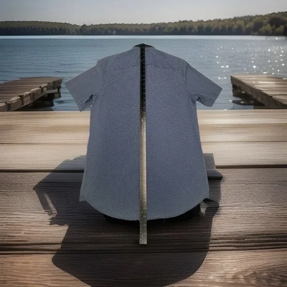 Michael Strahan Mens Sz Med Dark Blue Geometric Short Sleeve Button Down Shirt - Picture 3 of 9